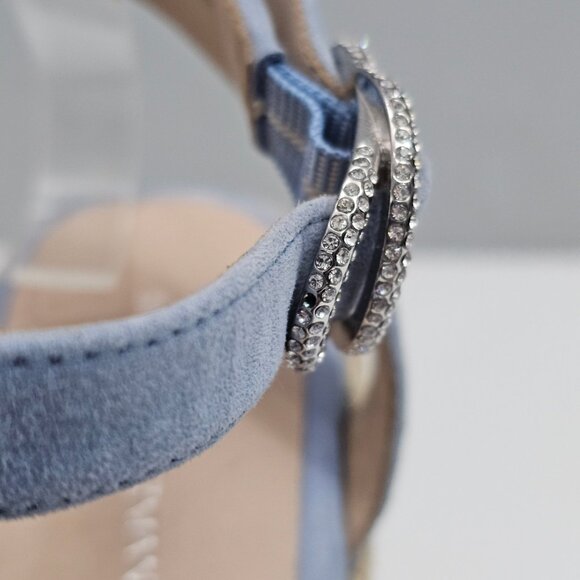 Stuart Weitzman Crystal Buckle Wedge Womens 10 Cornflower Blue Suede Espadrille - Picture 7 of 16